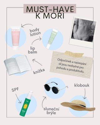 ☀️🌊 Jedeš moři? Tohle si rozhodně nezapomeň přibalit! 🌴🧳 Tvůj plážový MUST-HAVE checklist: 💧 Body lotion – hydratace po...